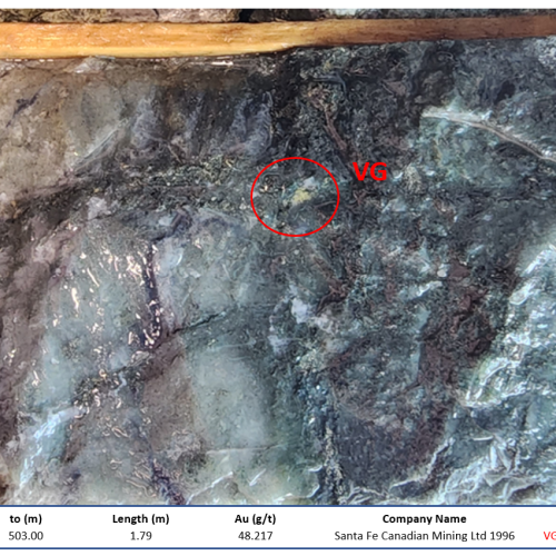 Visible gold image from core drilled at Duquesne West in 1996 by Santa Fe Canadian Mining Ltd.